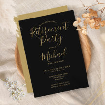 Elegant Black And Gold Script Retirement Party