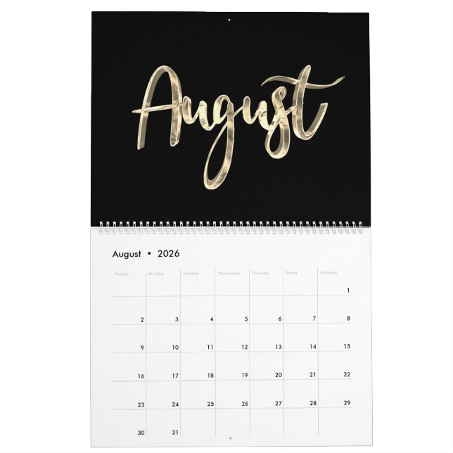 Elegant Black and Gold Script Typography Modern Calendar (Aug 2026)