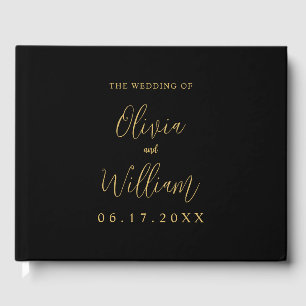 Elegant Black and Gold Script Wedding Guest Book