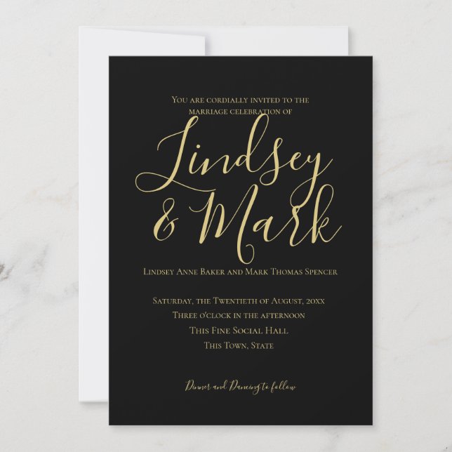Elegant Black and Gold Script Wedding Invitation (Front)