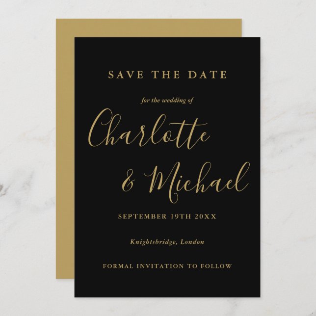 Elegant Black And Gold Script Wedding Save The Date (Front/Back)