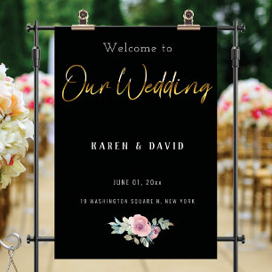 Elegant Black and Gold Script Wedding Welcome Sign