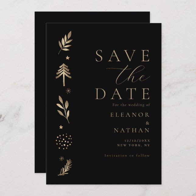 Elegant Black and Gold Script Winter Holiday Save The Date (Front/Back)