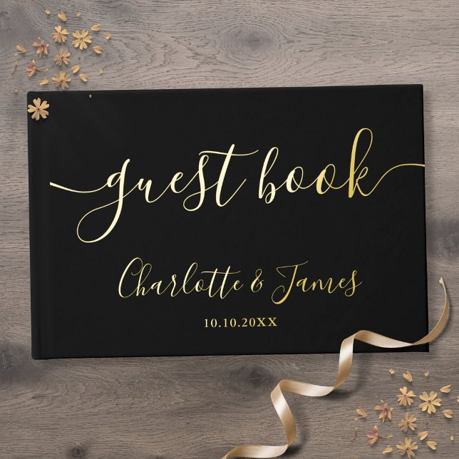 Elegant Black And Gold Signature Script Wedding Guest Book (Elegant Black And Gold Signature Script Wedding Foil Guest Book)