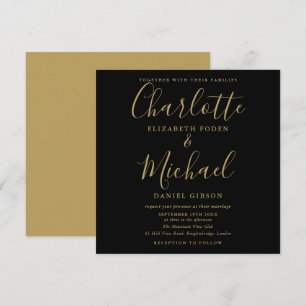 Elegant Black And Gold Signature Script Wedding Invitation