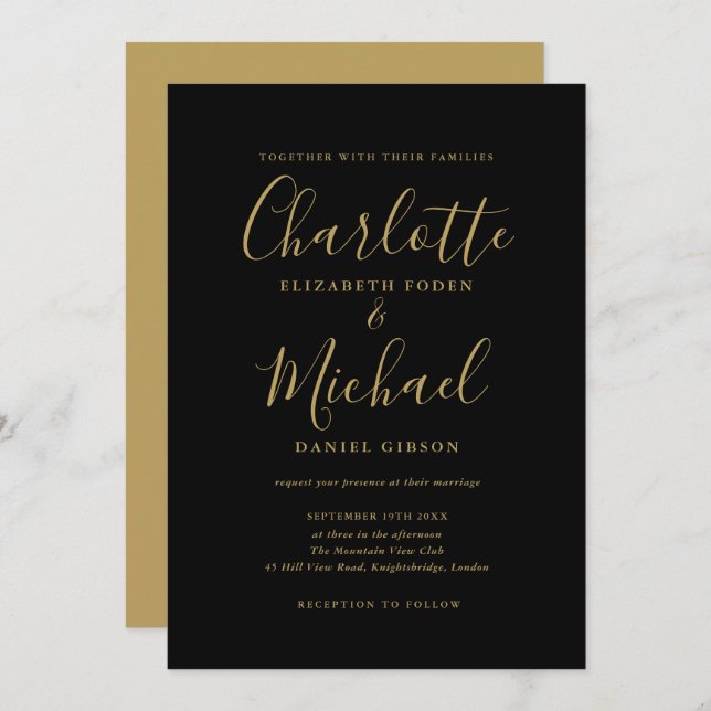 Elegant Black And Gold Signature Script Wedding Invitation (Front/Back)