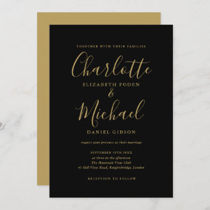 Elegant Black And Gold Signature Script Wedding Invitation