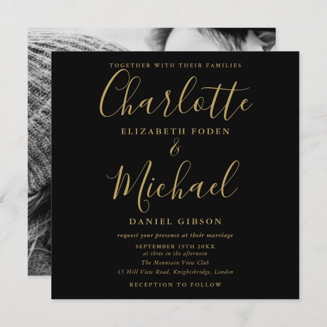 Elegant Black And Gold Signature Wedding Photo Invitation (Front/Back)