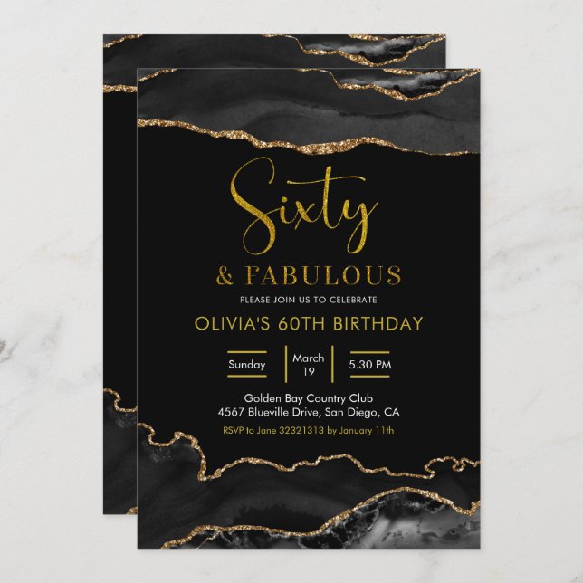 Elegant Black and Gold Sixty  and Fabulous Invitation (Front/Back)