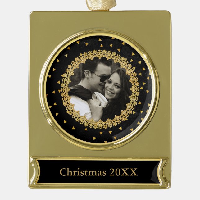 Elegant Black and Gold Sparkles Custom Photo Gold Plated Banner Ornament (Front)