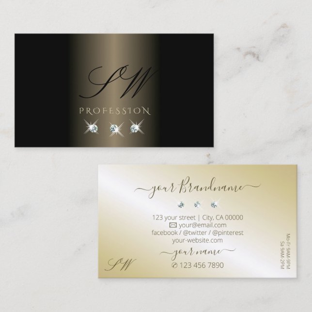 Elegant Black and Gold Sparkling Diamonds Initials Business Card (Front/Back)