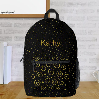Elegant Black and Gold Spirals and Stars Pattern Printed Backpack