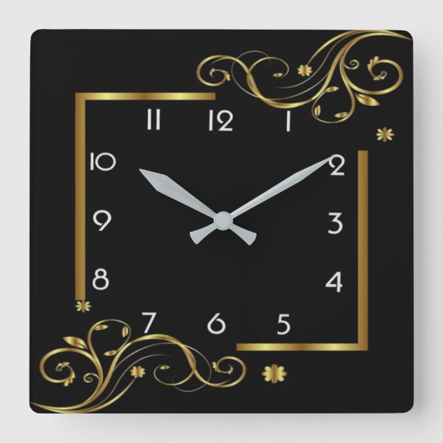 Elegant black and gold square wall clock (Front)
