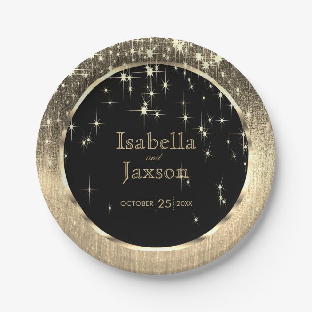 Elegant Black and Gold Starlights Wedding Paper Plate (Front)