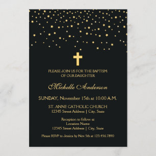Elegant Black and Gold Stars Christening Baptism Invitation