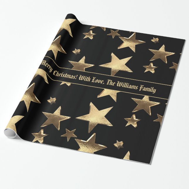Elegant Black and Gold Stars Pattern Christmas Wrapping Paper (Unrolled)