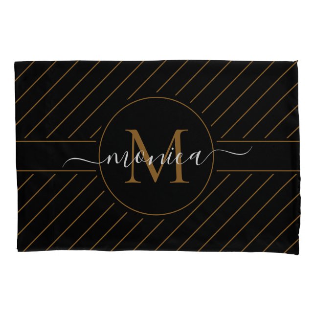 Elegant Black and Gold Striped Monogram Name Pillowcase (Front)
