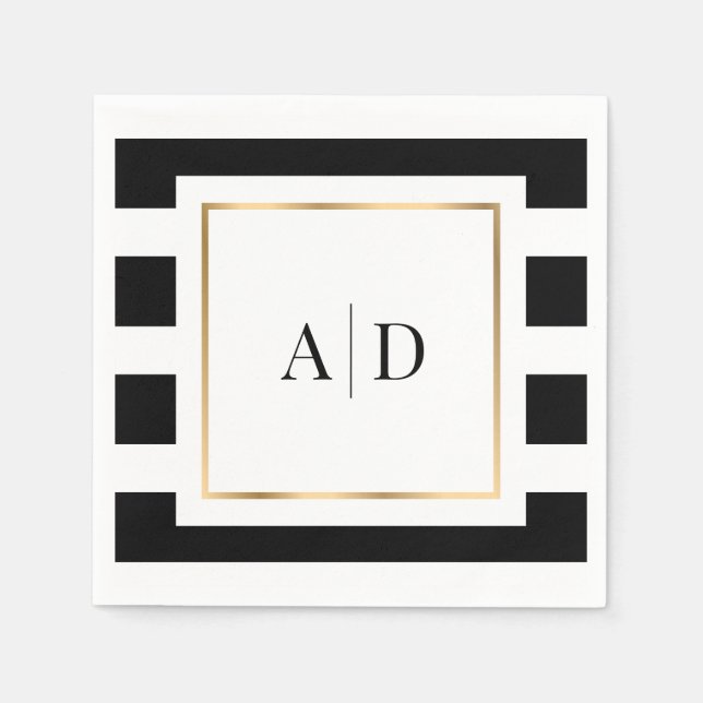Elegant Black and Gold Striped Monogrammed Wedding Napkin (Front)