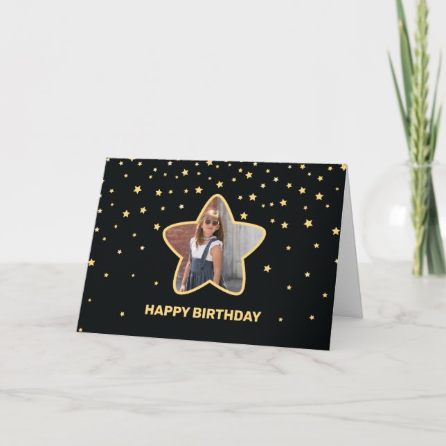 Elegant Black and Gold Superstar Photo Birthday Card (Front)