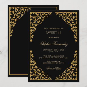Elegant black and Gold Sweet 16  Invitation
