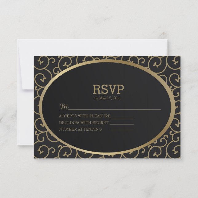 Elegant Black and Gold Swirls Wedding RSVP Card (Front)