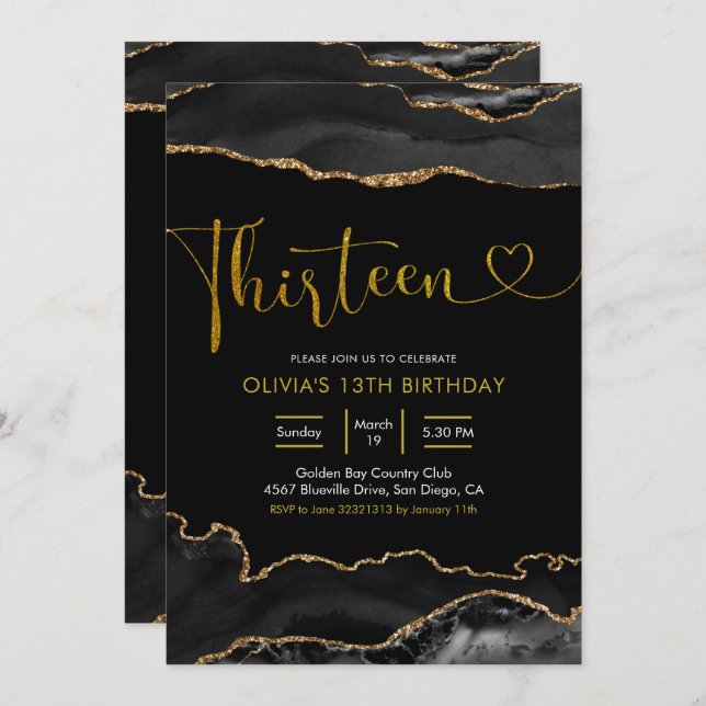Elegant Black and Gold Thirteen Invitation (Front/Back)
