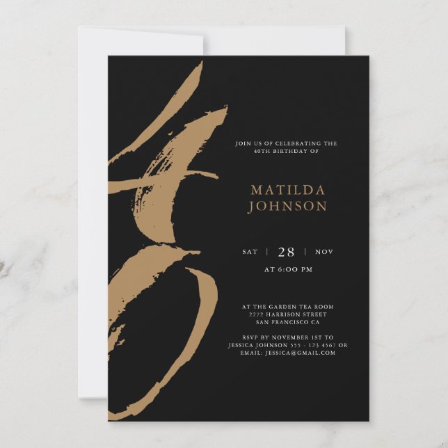 Elegant Black and Gold Typography 40th Birthday Invitation (Front)