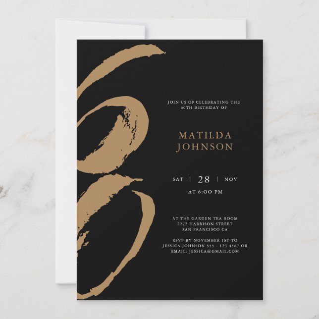 Elegant Black and Gold Typography 60th Birthday Invitation (Front)