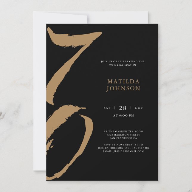 Elegant Black and Gold Typography 70th Birthday Invitation (Front)