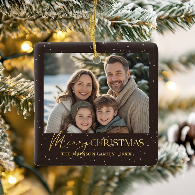 Elegant Black and Gold Typography Christmas Photo Ceramic Ornament (Modern elegant black Merry Christmas ornament with gold effect text & personalisable name & photos)