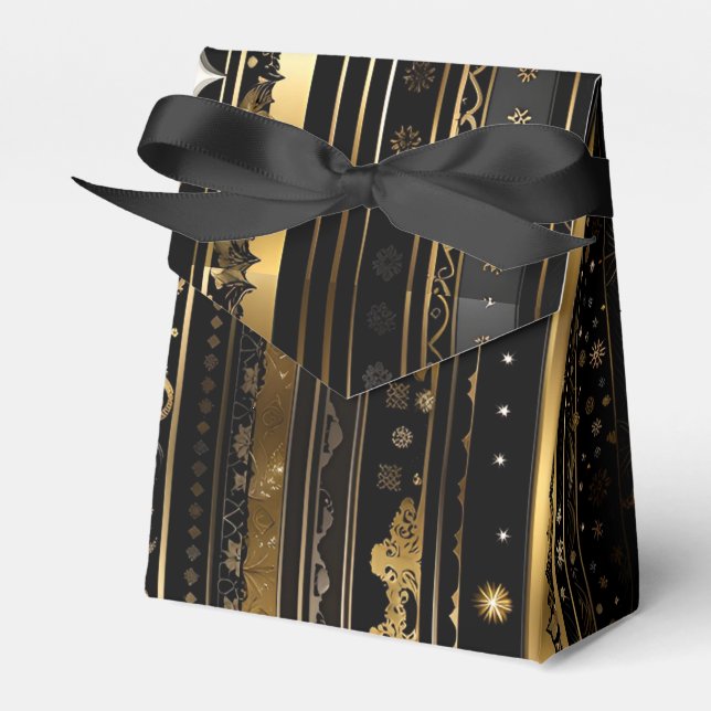 Elegant Black And Gold Vertical Striped Tent Favour Box (Front Side)