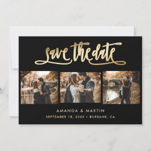 Elegant Black and Gold Wedding 3 Photo Save The Date