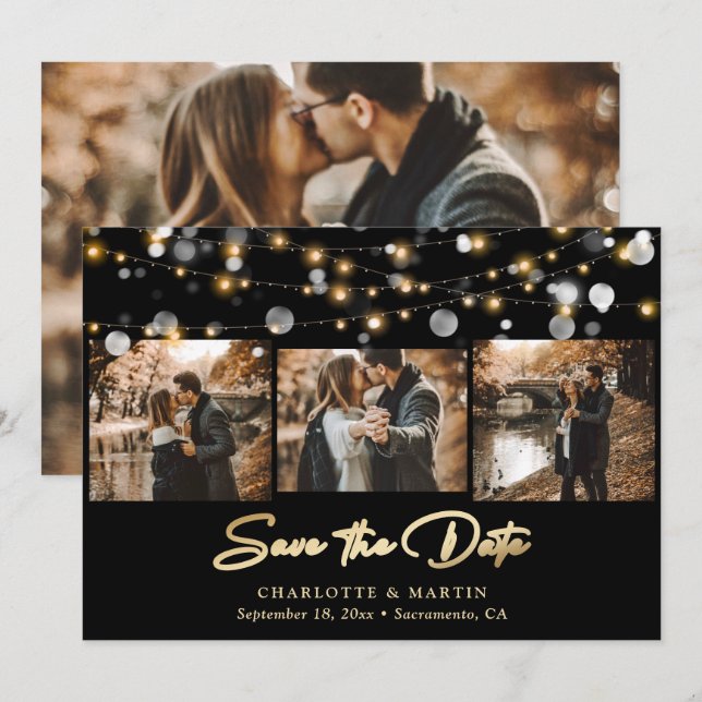 Elegant Black and Gold Wedding 4 Photo Save The Date (Front/Back)
