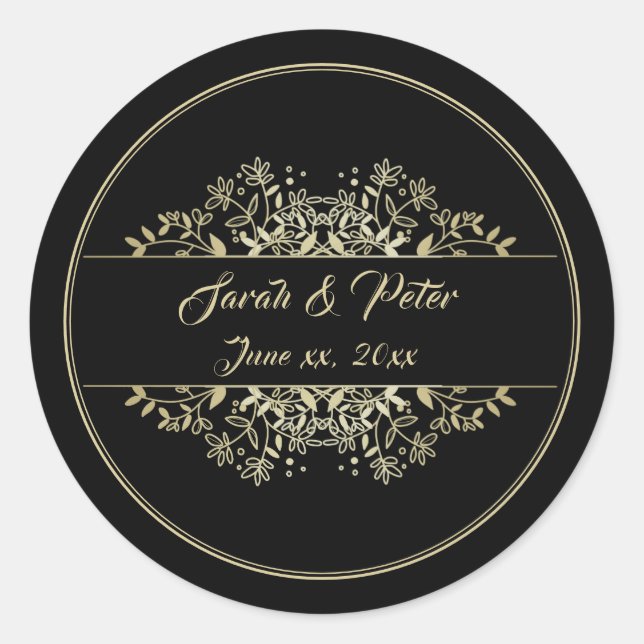 Elegant Black and Gold Wedding Classic Round Sticker (Front)