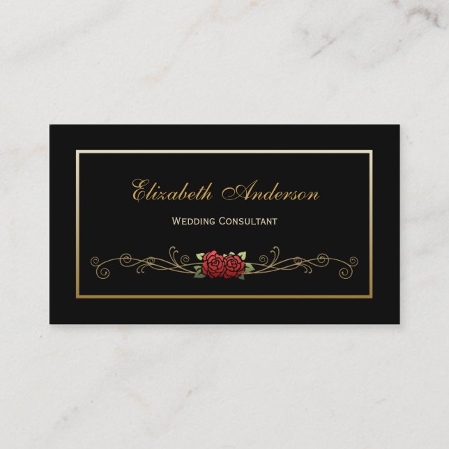 Elegant Black and Gold Wedding Consultant Red Rose Business Card (Front)
