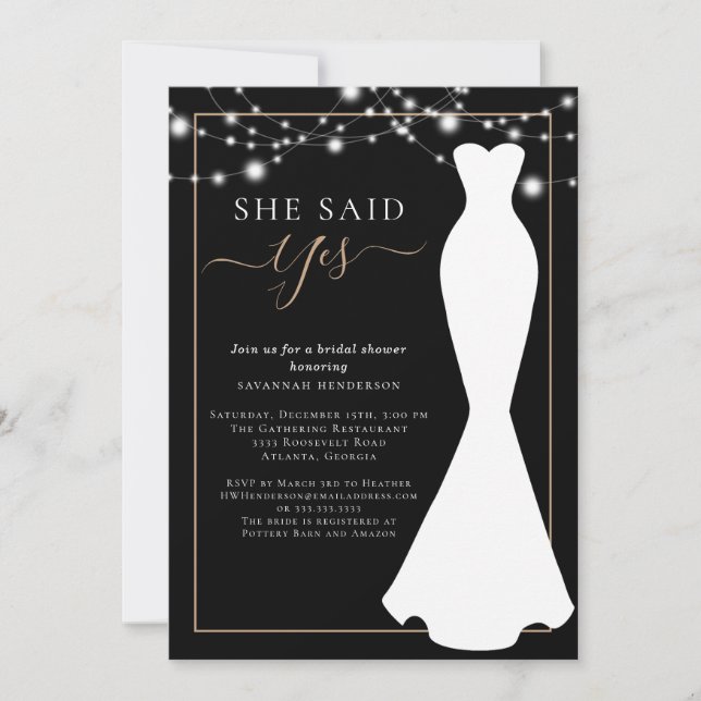 Elegant Black and Gold Wedding Dress Bridal Shower Invitation (Front)