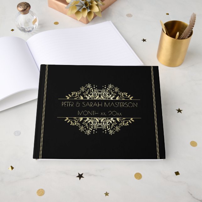 Elegant Black and Gold Wedding Guest Book (Front Open)