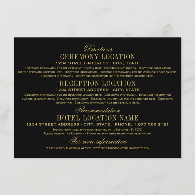 Elegant Black and Gold Wedding Information Enclosure Card (Front)