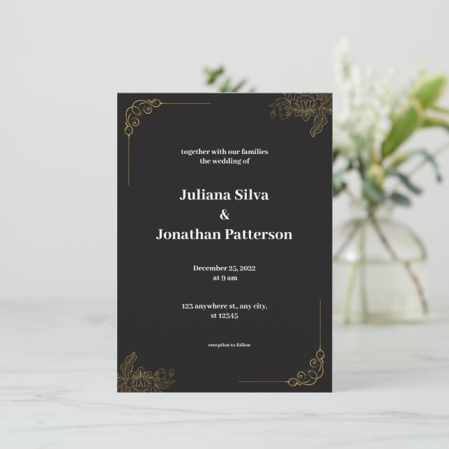 Elegant Black and Gold Wedding Invitation (Standing Front)