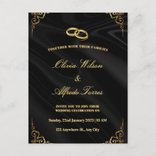 Elegant Black and Gold Wedding Invitation Postcard