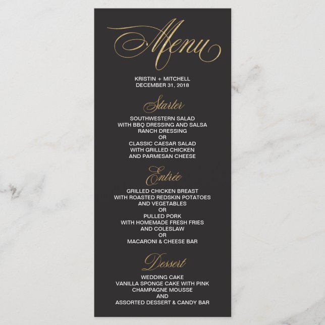 Elegant Black and Gold Wedding Menu Card (Front)