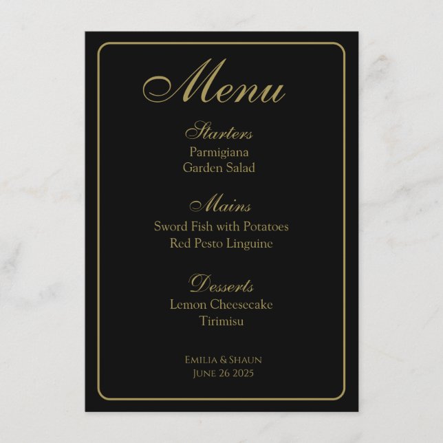 Elegant Black and Gold Wedding Menus (Front)