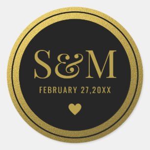 Elegant Black And Gold Wedding Monogram Initials Classic Round Sticker