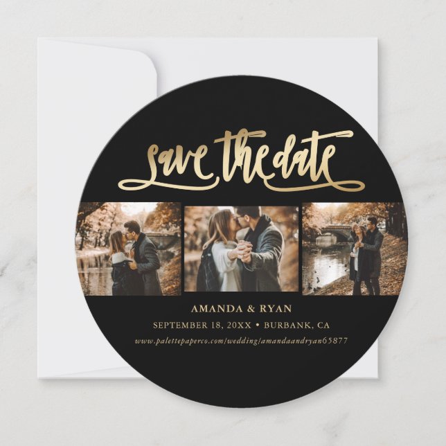 Elegant Black and Gold Wedding Photo Save The Date (Front)