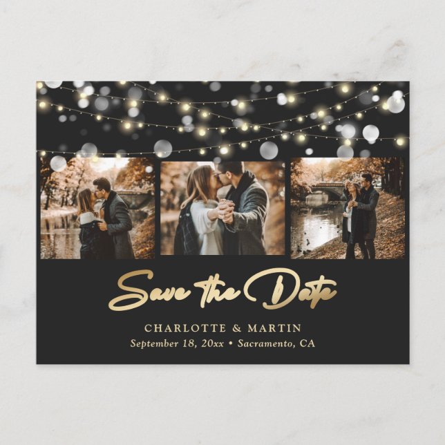 Elegant Black and Gold Wedding Photo Save The Date Announcement Postcard (Front)