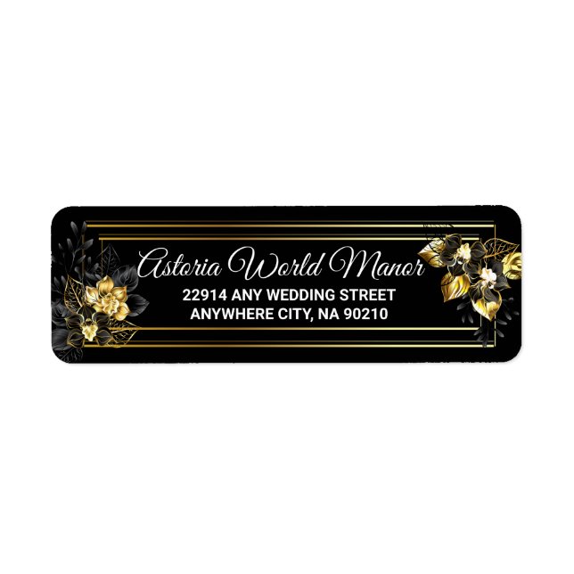 Elegant black and gold  wedding return address (Front)
