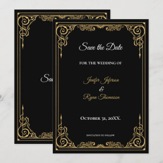 Elegant black and gold wedding save the date announcement