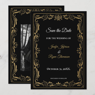 Elegant black and gold wedding save the date announcement