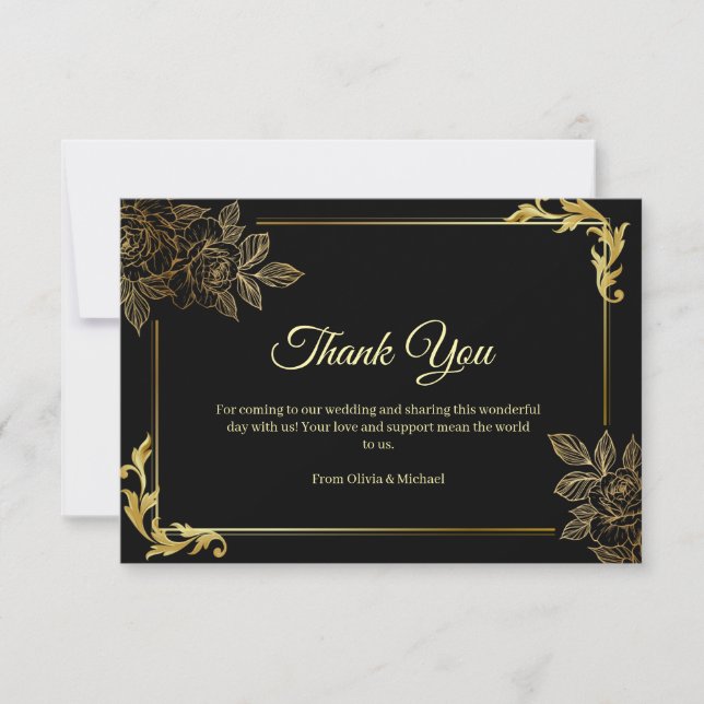 Elegant Black and Gold Wedding  Thank You Card (Front)