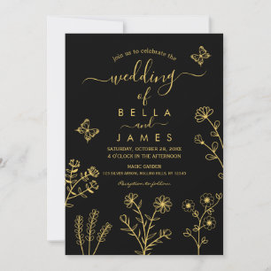 Elegant Black and Gold Wildflower Wedding Invitation